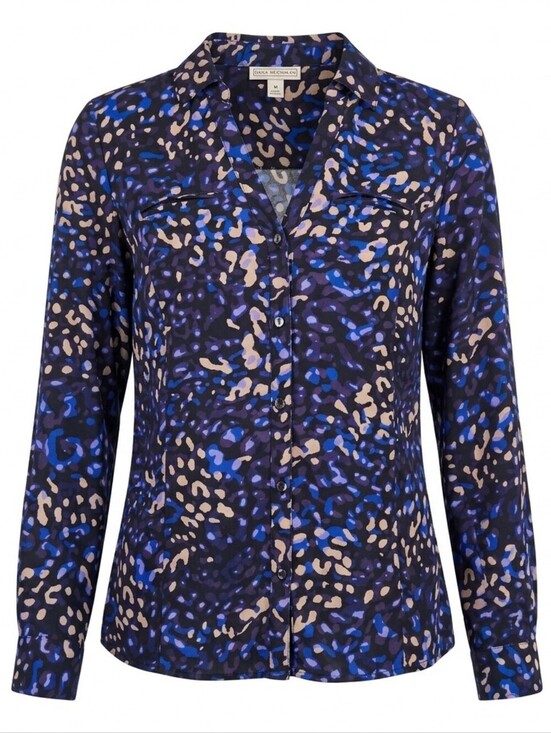 Dana Buchman Tops - Dana Buchman Leopard Print Blouse Womens Blue Black Roll Tab Office Chic Top